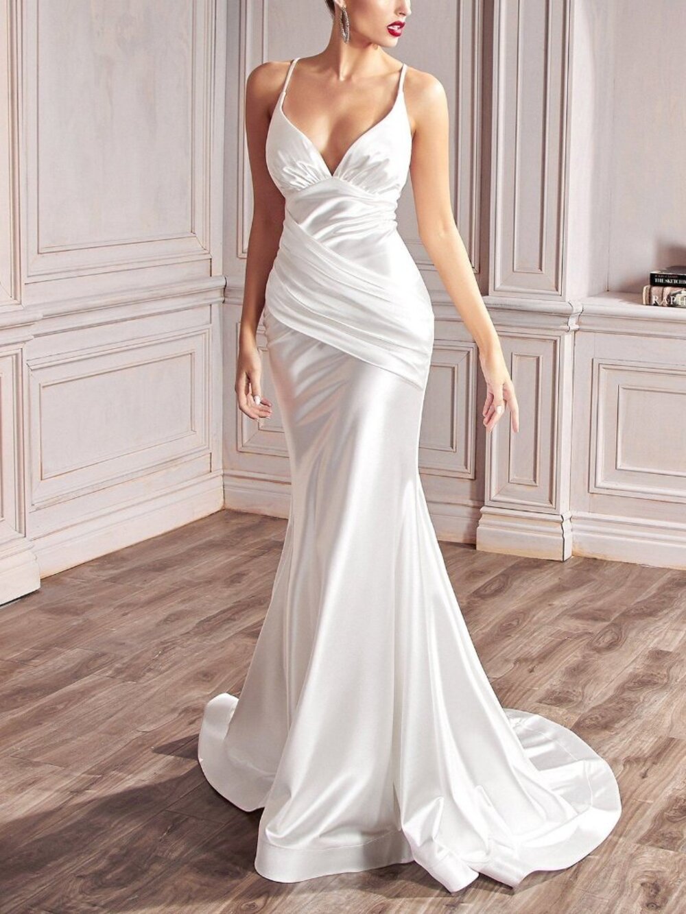 Sz M Cinderella Divine CH236W White Stretch Cross-Back Mermaid Gown Wedding